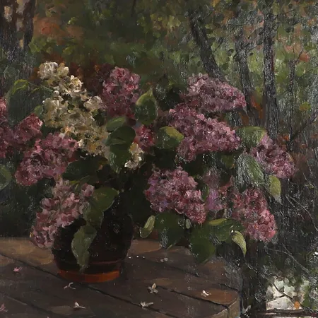 Tavla Nikolaj Ivanovic Barcenkov "Syrener i trädgården", olja på pannå, signerad, daterad 1982 a tergo, 70x50cm, etikettmärkt av Sovjetunionens Konstfond för export.