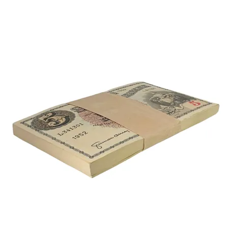 Sedlar Sverige 5 Kronor 1952 i obruten förpackning, serienummer L341301-L341397, 97 stycken i rak följd (3 stycken saknas i slutet), ocirkulerade