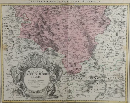 Tavla, Karta över Mähren, gravyr, handkolorerad, Johann Baptist Homann(1664-1724), dagmått 48x59,5cm, mittveck, mindre vågigt papper, ej examinerad ur ram. Specialfrakt, kontakta pantbankskontoret för mer information.