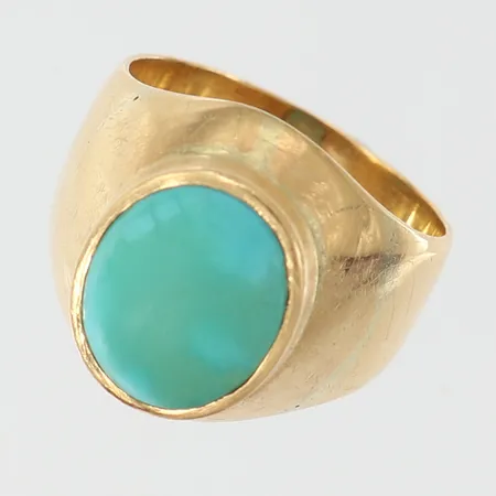 Ring med troligen turkos blå/grön 13,3x11,1mm stl:21 bredd 7-19mm 18K.  Vikt: 12,7 g