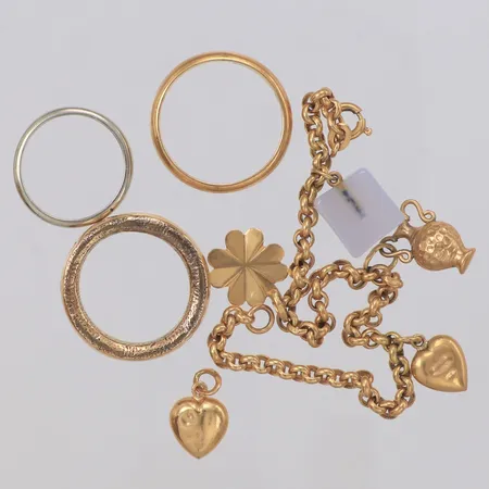Diverse guld, sten, gravyr, defekt, 18K  Vikt: 28,9 g