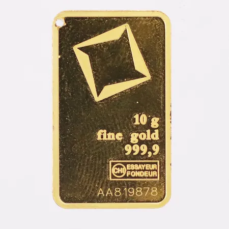 Guldtacka Valcambi Sussie, längd 25mm bredd 15,3mm, ref nr AA81978 borrhål, 24K Vikt: 10 g