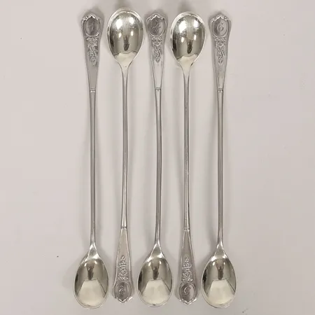 Fem numrerade cocktailskedar, längd 160mm, C G Hallbergs Guldsmeds AB, Stockholm 1940, åldersbetingat bruksslitage, delvist förgyllt silver 830/1000 Vikt: 63,9 g