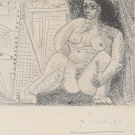 Tavla Pablo Picasso "Le peintre et son modéle", etsning, 11x23,5cm, signerad, numrerad 96/125, ej examinerad ur ram, nagg på ram. Skickas med postpaket.