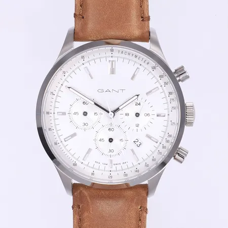 Herrur Gant Ø43mm, quartz, kronograf, datum, stål, läderband, går ej troligen batteribyte