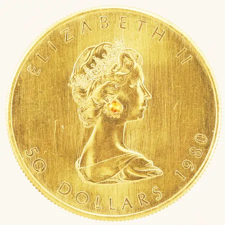 Mynt Elizabeth II 50 Dollars 1980 Kanada Ø30mm borrhål plastficka 24K Vikt: 31,2 g
