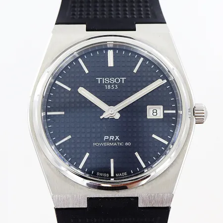 Herrur Tissot PRX Powermatic 80, stål, automatisk, Ø39mm, nr T137407A,/QUZ NCR 1WV, datum sekundvisare, glasbaksida, original svart gummilänk, 25cm, logga på törnlås, inga tillbehör.