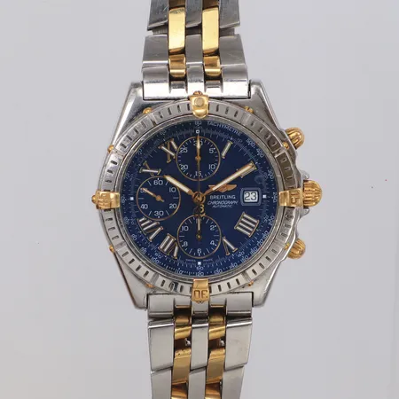 Herrur Breitling Crosswind, stål/guld, automatisk, Ø43mm, ref-nr B13355, serie-nr 51467, datum, kronograf, pilotlänk, repor, färgbortfall, bruksslitage, cert år 2000, servicekvitto 2019, box defekt, ytterkartong