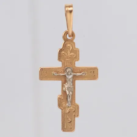 Hänge Krucifix längd 30mm, bredd 14mm, tvåfärgad, skrift på baksidan, 14K  Vikt: 1,3 g