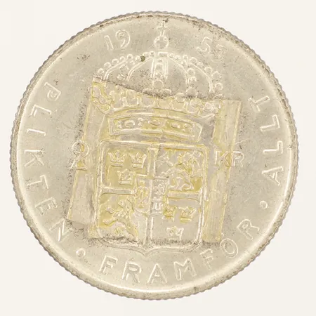 Mynt 2kr Gustav VI Adolf Sveriges Konung Ø30,6mm Plikten Framför Allt år 1955 silver 400/1000 Vikt: 13,9 g