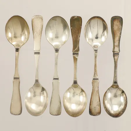 Sex kaffeskedar modell Uppsala längd 10,5cm år 1967 silver 830/1000 Vikt: 69,2 g