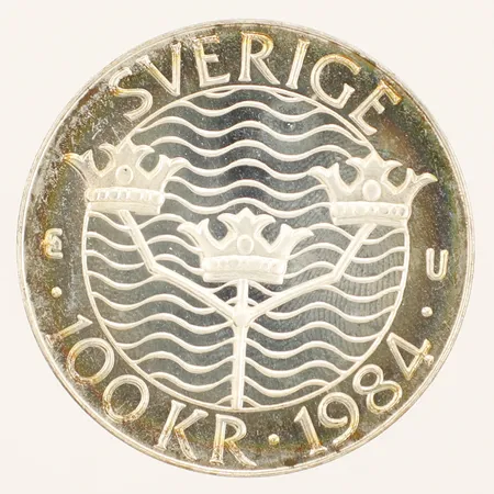 Minnesmynt 100kr Europa Förtroende Säkerhet Nedrustning Stockholm Sverige år 1984, Ø32mm, plastetui silver 925/1000 Vikt: 16 g