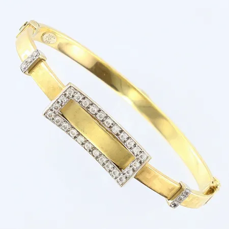 Stelt armband vit/gulguld med stenar, Ø65mm, bredd 5-10mm, öppningsbart, 14K Vikt: 10,5 g
