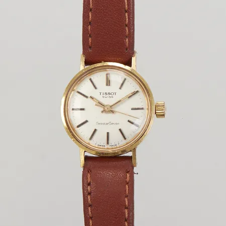 Damur Tissot SeastarSeven, 18K, Ø21,8mm, manuell, läderband ej original, repor på glas, gravyr, inga tillbehör, bruttovikt: 17,4g.