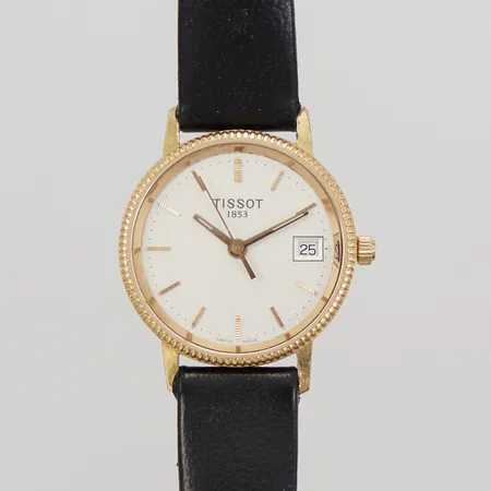 Damur Tissot 18K, quartz, 24mm, datum, gravyr, läderband ej original, inga tillbehör, bruttovikt: 15,6gr