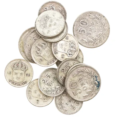 Cirkulationsmynt, 4st 50-öre, 14st 25-öre, 600/1000 silver Vikt: 52,9 g