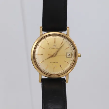 Armbandsur Eterna Matic 14K, automat, Ø33mm, datum, svart läderband ej original, gravyr, inga tillbehör, bruttovikt 40,6g