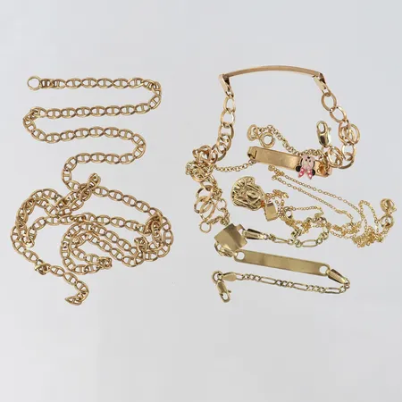 Diverse guldsmycken kedjor, armband, hänge, gravyr, knut, defekta, 14K Vikt: 18,9 g