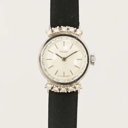 Damur Tissot 18K med diamanter 10xca 0,03ct Ø19,7mm manuell svart läderband vitguld inga tillbehör 18K Vikt: 0 g