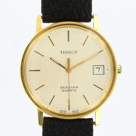 Herrur Tissot 14K quartz 33mm, datum, läderarmband, behov av batteribyte, gravyr, bruksslitage, inga tillbehör Vikt: 0 g