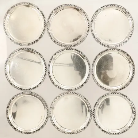 Nio Coasters Ø7,5cm GAB år 1958 silver 830/1000 Vikt: 157,5 g