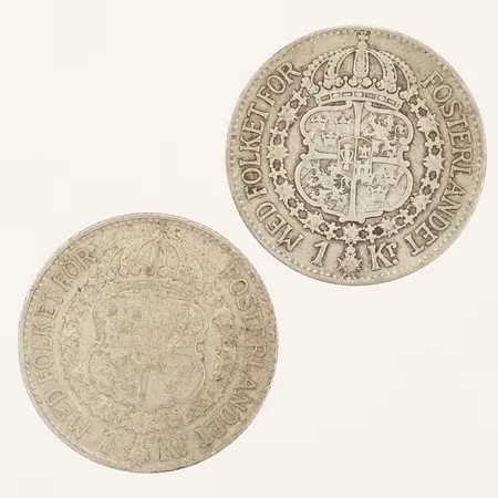 Två mynt 1kr Ø25,0mm Gustaf V Sveriges Konung 1932-1939 silver 400/1000 Vikt: 14,8 g