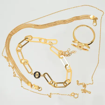 2 armband, ett halsband, en ring, allt defekt/ojämnt/saknar något, 21K 12,9g