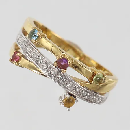 Ring Guldfynd med färgade stenar samt diamanter 5 x ca 0,005ct, stl:17 bredd 7,5mm 18K Vikt: 3,7 g