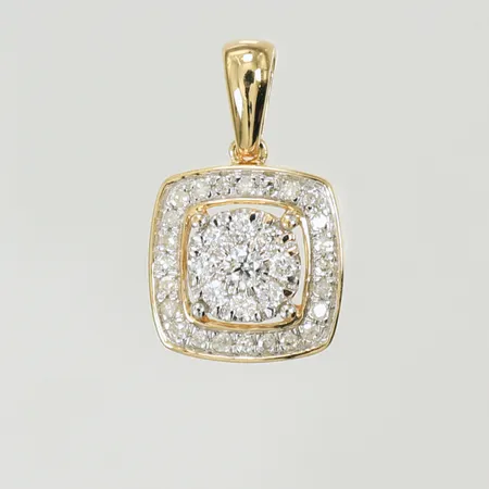 Hänge med diamanter 1 x ca 0,03ct, 8 x ca 0,01ct, ca 24 x ca 0,005ct, längd 19mm inkl ögla, bredd 9mm, stämplad GHA, 18K, 1g Vikt: 1 g