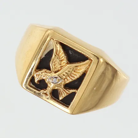 Klackring örn med svart sten och 8/8-slipad diamant ca 0,005ct, , stl:18, bredd 13mm, limrester på sten, något skev, GHA, 18K Vikt: 8,9 g