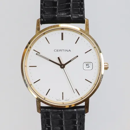 Herrur Certina Ø33,5mm 14K ref nr 159.9289.65, quartz går ej, med läderband, guld i boetten, bruttovikt 27,3g med box