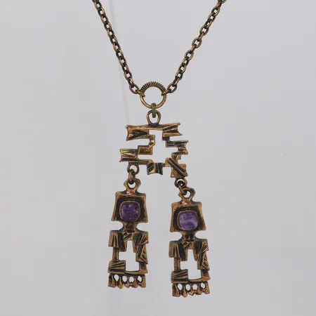 Collier längd 64cm, bredd 3mm, integrerat hänge med ametister, Pentti Sarpaneva Finland, brons