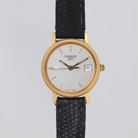 Damur Tissot 18K, Ø24mm, datum, quartz, går ej, spänne i doublé, slitet läderband