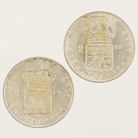 Två mynt 2kr Gustav VI Adolf Sveriges Konung Ø30,6mm Plikten Framför Allt år 1958 silver 400/1000 Vikt: 28,1 g