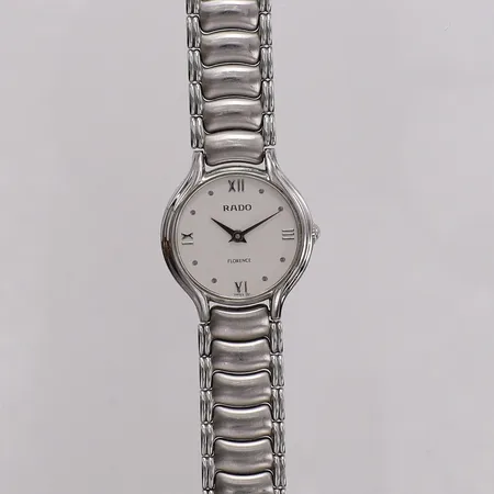 Damur Rado Florence, stål, quartz går ej, Ø23mm, serienr 05724720 boettnr 322.2780.4, stållänk med slitage, sliten box, inga övriga tillbehör.