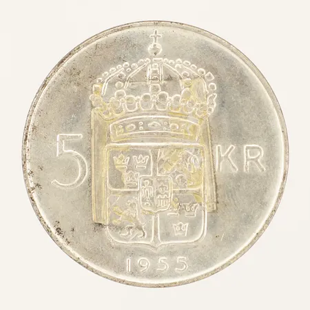 Mynt 5kr Gustaf VI Adolf Sveriges Konung år 1955 Ø34mm silver 400/1000 Vikt: 18 g