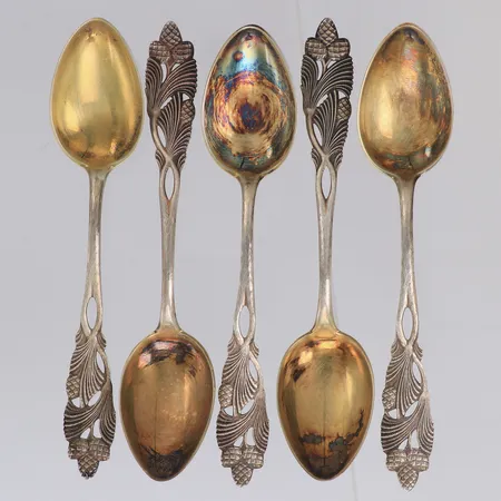 5 Kaffeskedar, längd 11,5cm, Finland, delvis förgyllda, silver 813/1000  Vikt: 49,8 g