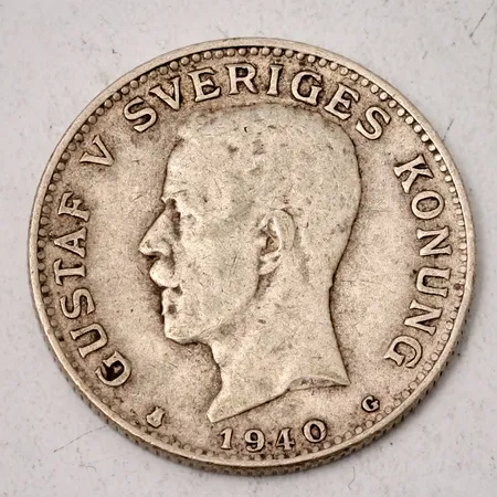 Mynt 1 Krona - Gustaf V Sveriges Konung , ca Ø25mm, präglat år 1940, 800/1000 silver, 7,42g.