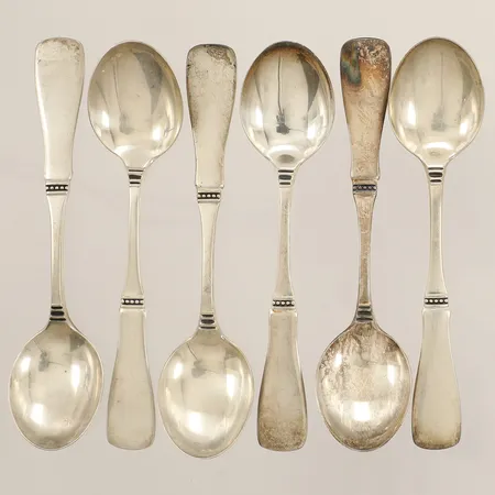 Sex kaffeskedar modell Uppsala längd 11,5cm år 1969 silver 830/1000 Vikt: 88,8 g