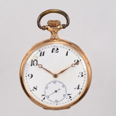 Fickur 14K Ø 49,5mm, urverk stämplat G.T Soigné, innerboett i metall, skadad urtavla, gravyr, bruttovikt: 82,1g