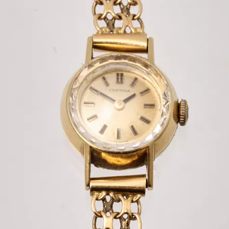 Damur Certina i 18K guld, manuell, Ø17mm, armband i 18K Xlänk, handledsmått inklusive ur ca 17cm, bruttovikt 16,g, nettovikt 13g.