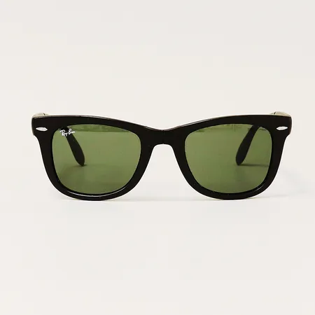 Solglasögon Ray-Ban folding Wayfarer, RB4105 601-S 5022 3N, svart båge grönt glas, tunna repor på glas, putsduk, folder, originaletui.