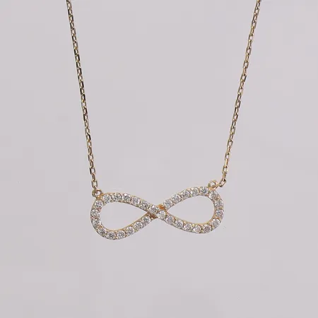 Collier evighetstecken med stenar längd 42,5cm bredd 0,7-7,8mm, skadat lås, 14K Vikt: 2 g