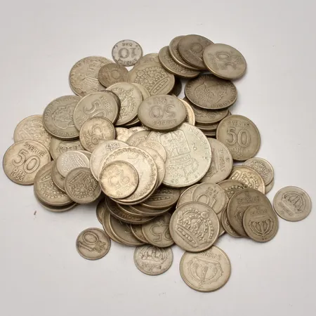 Diverse silvermynt 106st olika valörer samt årtal, 400/1000, 405,7g.