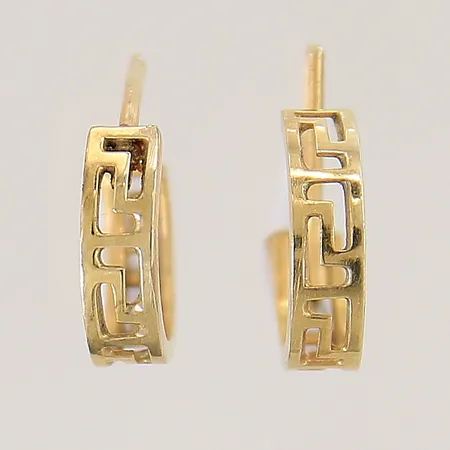 Örhängen Creoler med meander mönster Ø3,6mm saknar snurrebusar, böjt stift, ostämplad 14K Vikt: 1,7 g