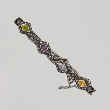Armband med färgade stenar och markasiter, längd 17cm, bredd 1,8mm, bruksslitage, 925/1000 silver, Vikt: 27,9 g