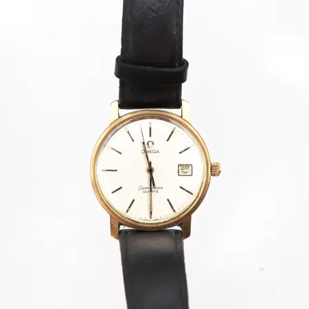 Herrur Omega Seamaster 14K, 34,5mm, quartz, boettnr: 1964010, cal 1342, verknr: 40 772734, datum, repigt plexiglas, gravyr, batteri krävs, slitet läderband ej original, sliten packring, defekt krona, defekt etui,