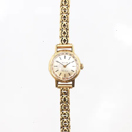 Damur Omega Geneve 14K, 19,5mm, manuell, boettnr: 511 122, cal 520, erknr: 31351503, klockarmband i oädel metall, längd inklusive uret: ca 17,5cm, bredd: 5,9g, inga tillbehör.