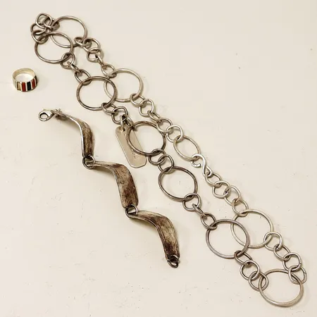 Armband, ring, collier, defekt, gravyr, silver 925/1000, Vikt: 142,9 g