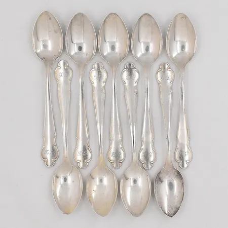 9 Kaffeskedar modell Disa längd 12cm graverade silver 830/1000 Vikt: 128,7 g